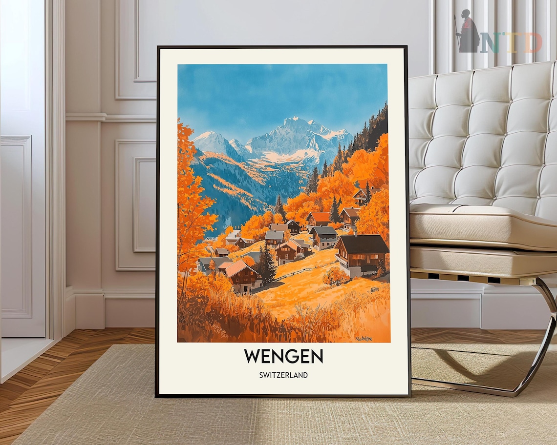 Wengen Switzerland Autumn Village Vintage Travel Poster Alps