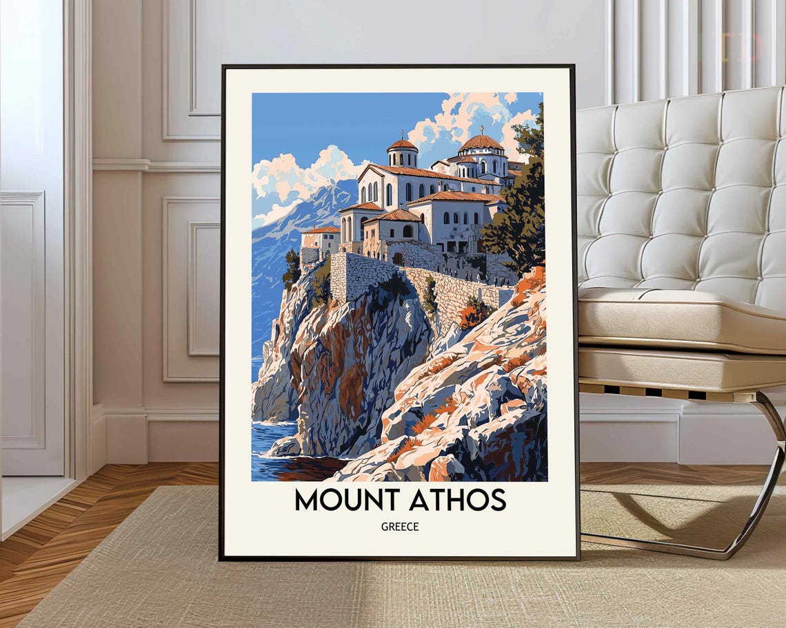 Mount Athos Greece Cliffside Monastery Vintage Travel Poster