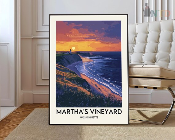 Martha's Vineyard Massachusetts Lighthouse Sunset Travel Poster