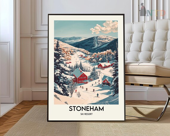 Stoneham Ski Resort Retro Red Lodges Winter Village Scene Poster