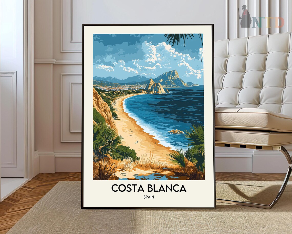 Costa Blanca Spain Beach Rocky Headland Golden Cove Travel Poster