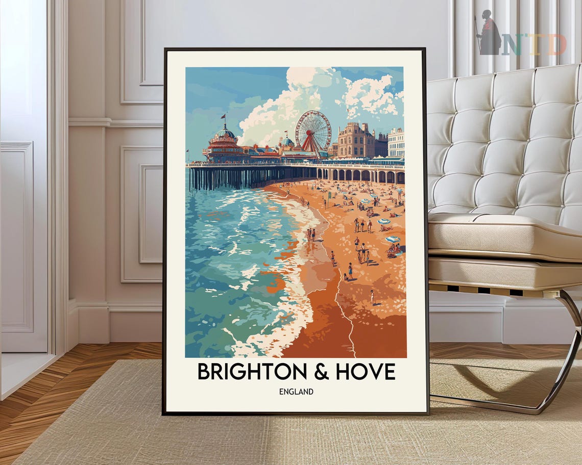 Brighton & Hove England Beachfront Pier Vintage Travel Poster