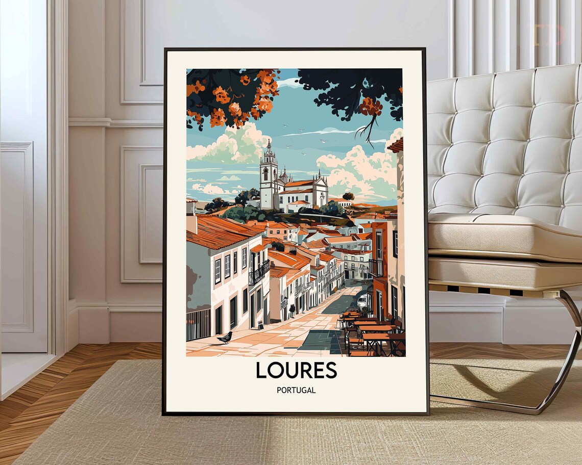 Loures Portugal Old Town Hilltop Church Vintage Travel Poster
