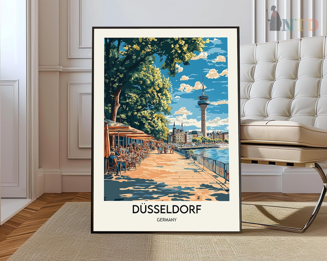 Dusseldorf Germany Rhine Promenade Tower Colorful Travel Poster