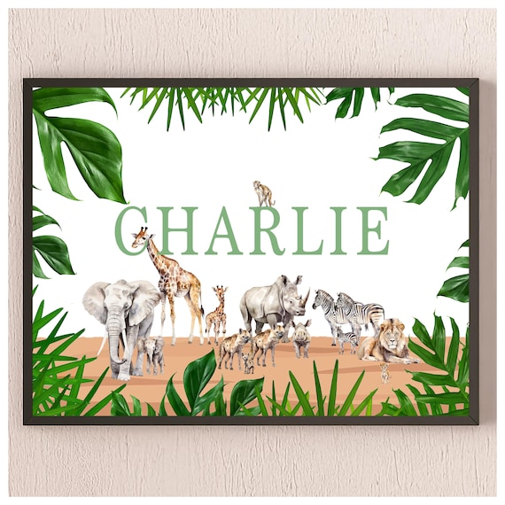 Personalized Safari Animals Name CHARLIE Nursery Room Poster Gift