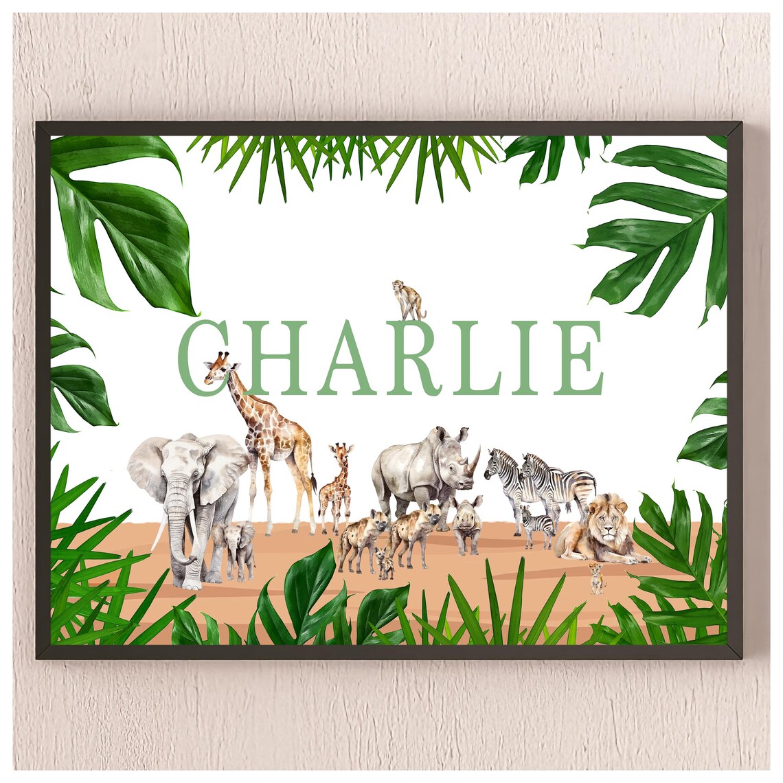 Personalized Safari Animals Name CHARLIE Nursery Room Poster Gift