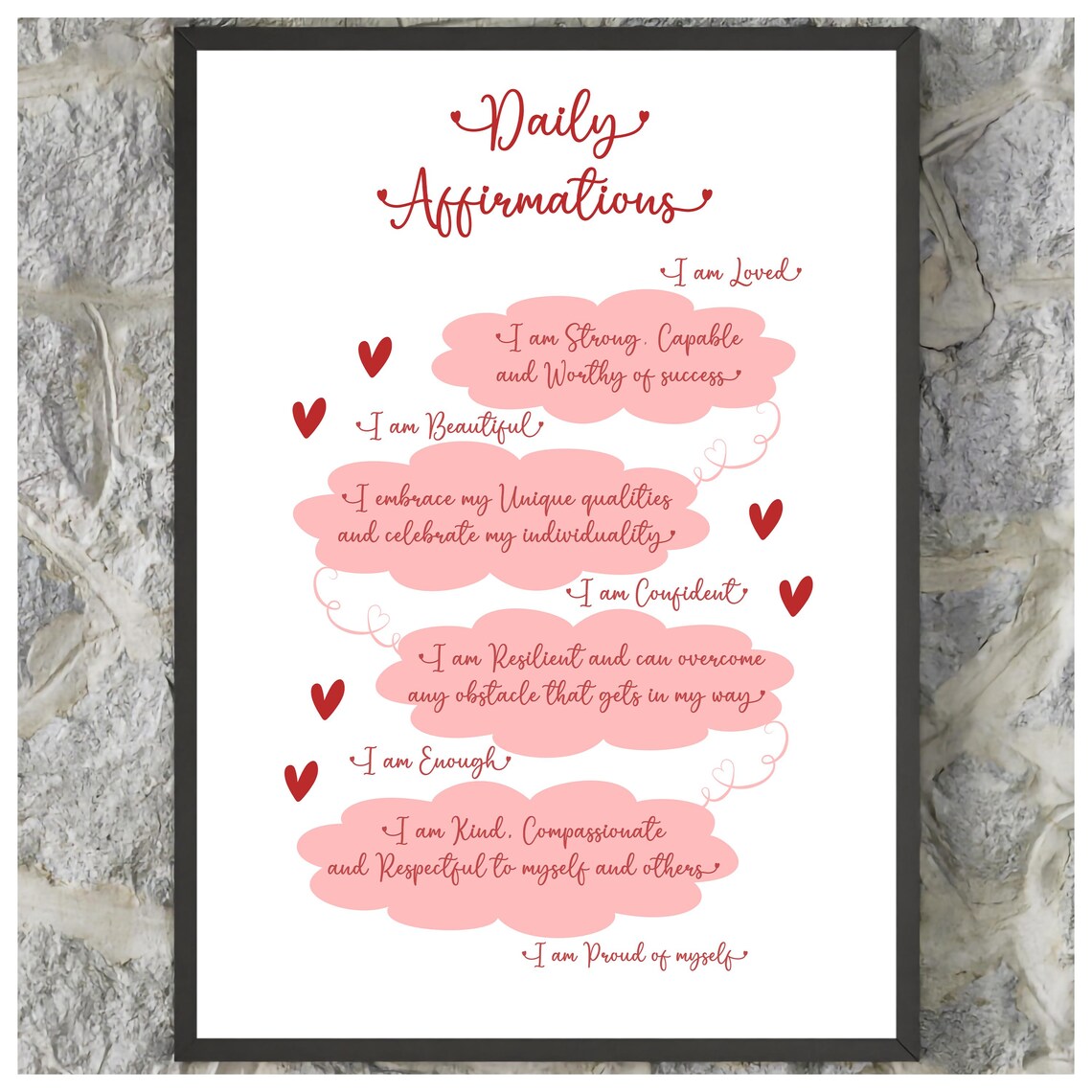 Daily Affirmations Red Positive Self Love Quote Gift Wall Art