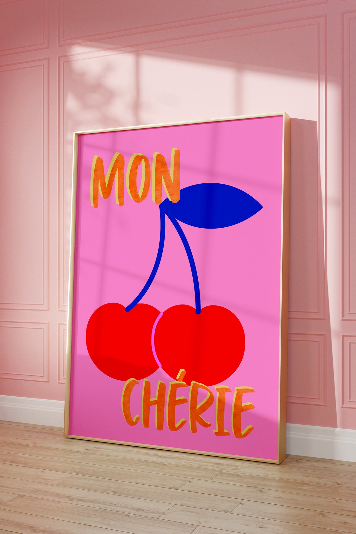 Mon Cherie Red Cherry Pair Illustration on Bold Hot Pink Print - Image 5