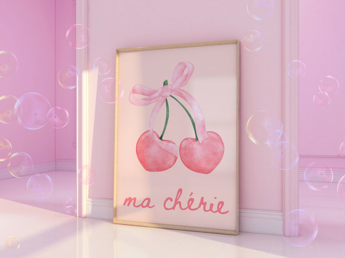Ma Cherie Pink Watercolor Cherries With Bow Coquette Wall Art - Image 6