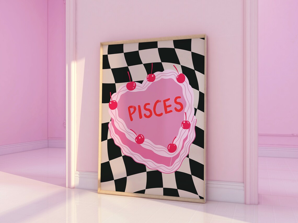 Pisces Zodiac Sign Pink Heart Cake with Cherries Checkerboard Poster - Image 4