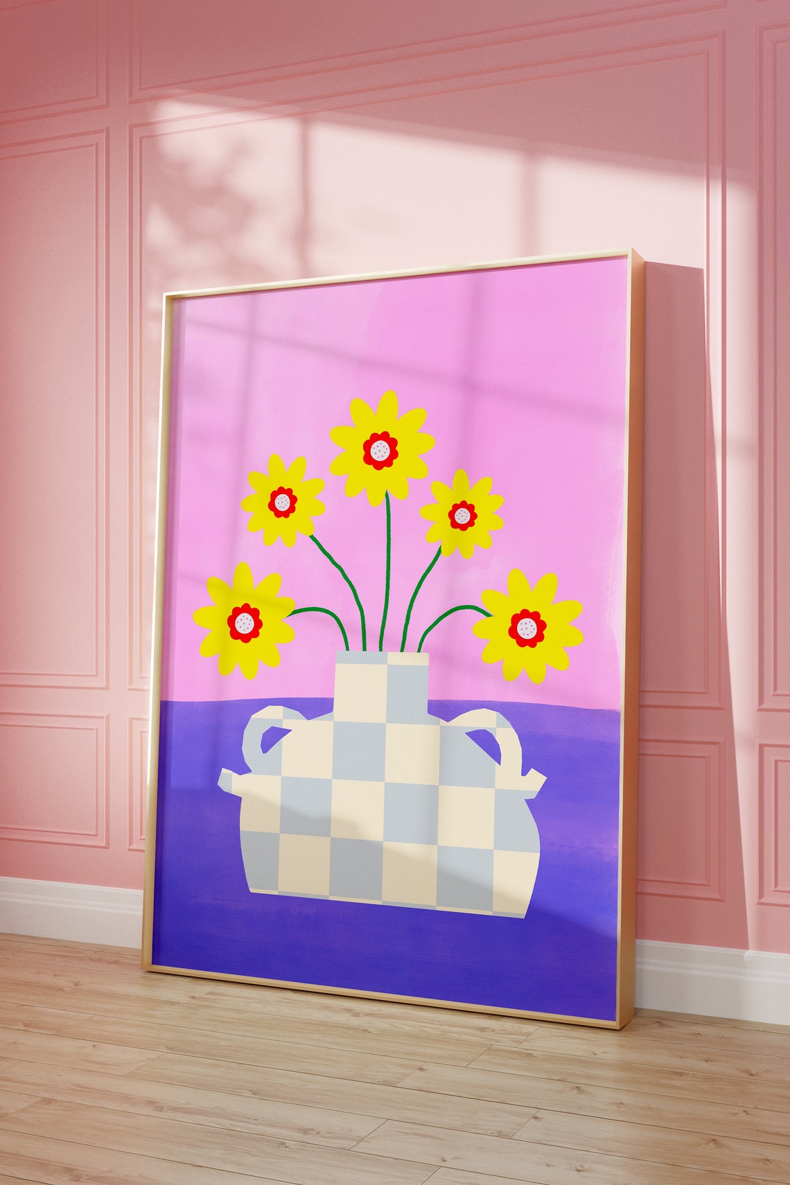 Yellow Daisies in Checkered Vase on Purple Pink Bold Floral Print - Image 4