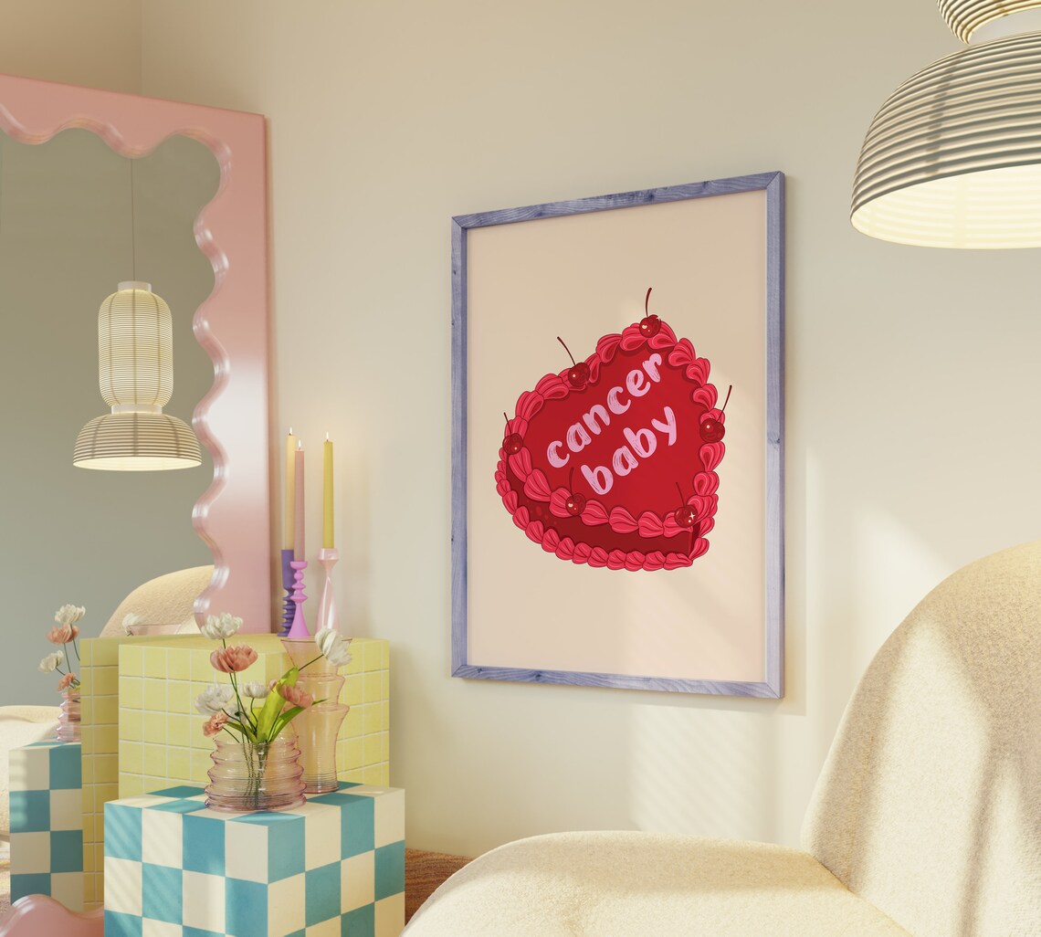 Cancer Baby Red Vintage Heart Cake Cherries Zodiac Art Print - Image 5