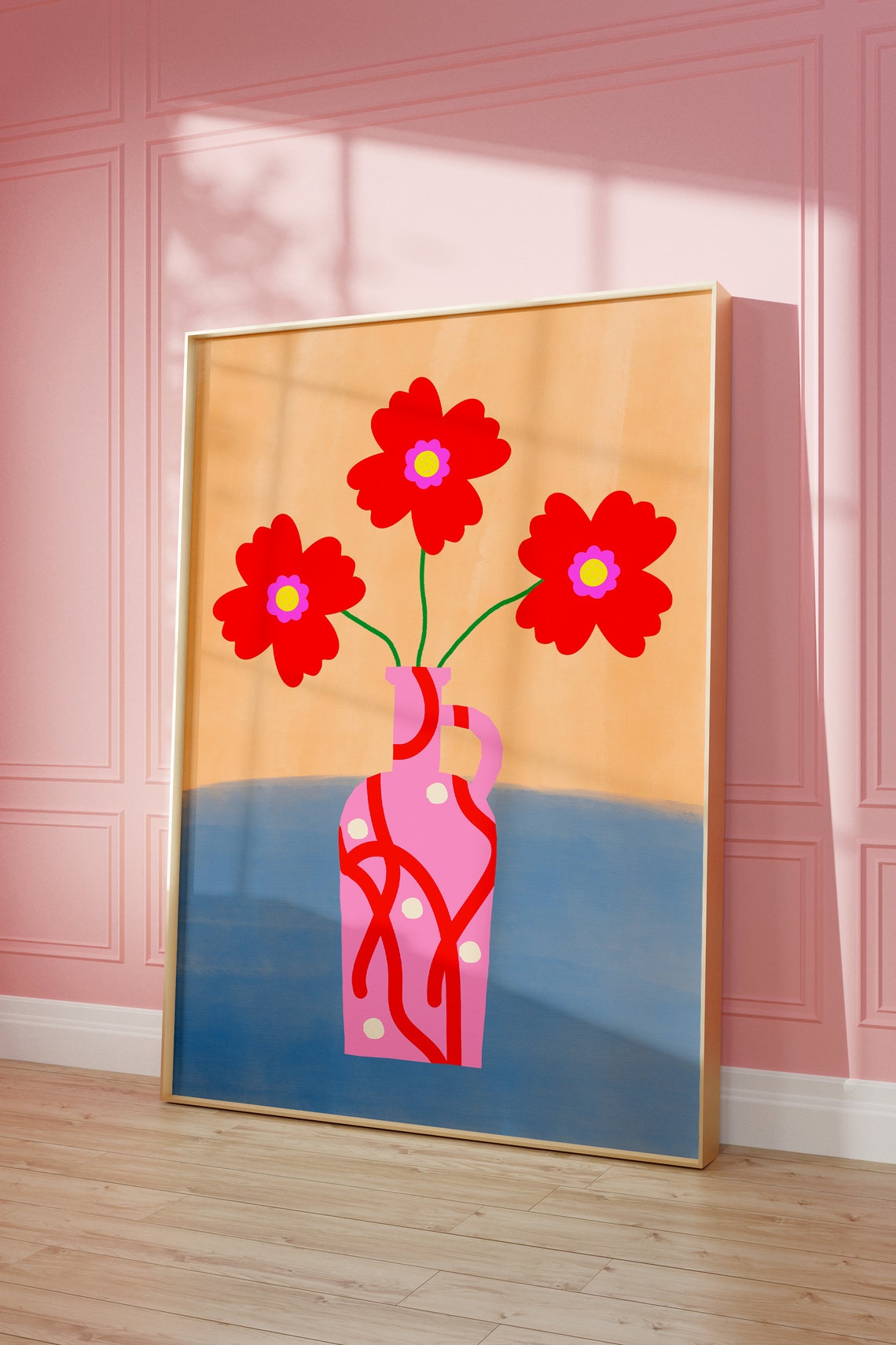 Red Cosmos Flowers in Pink Patterned Vase on Orange Blue Poster - Image 4