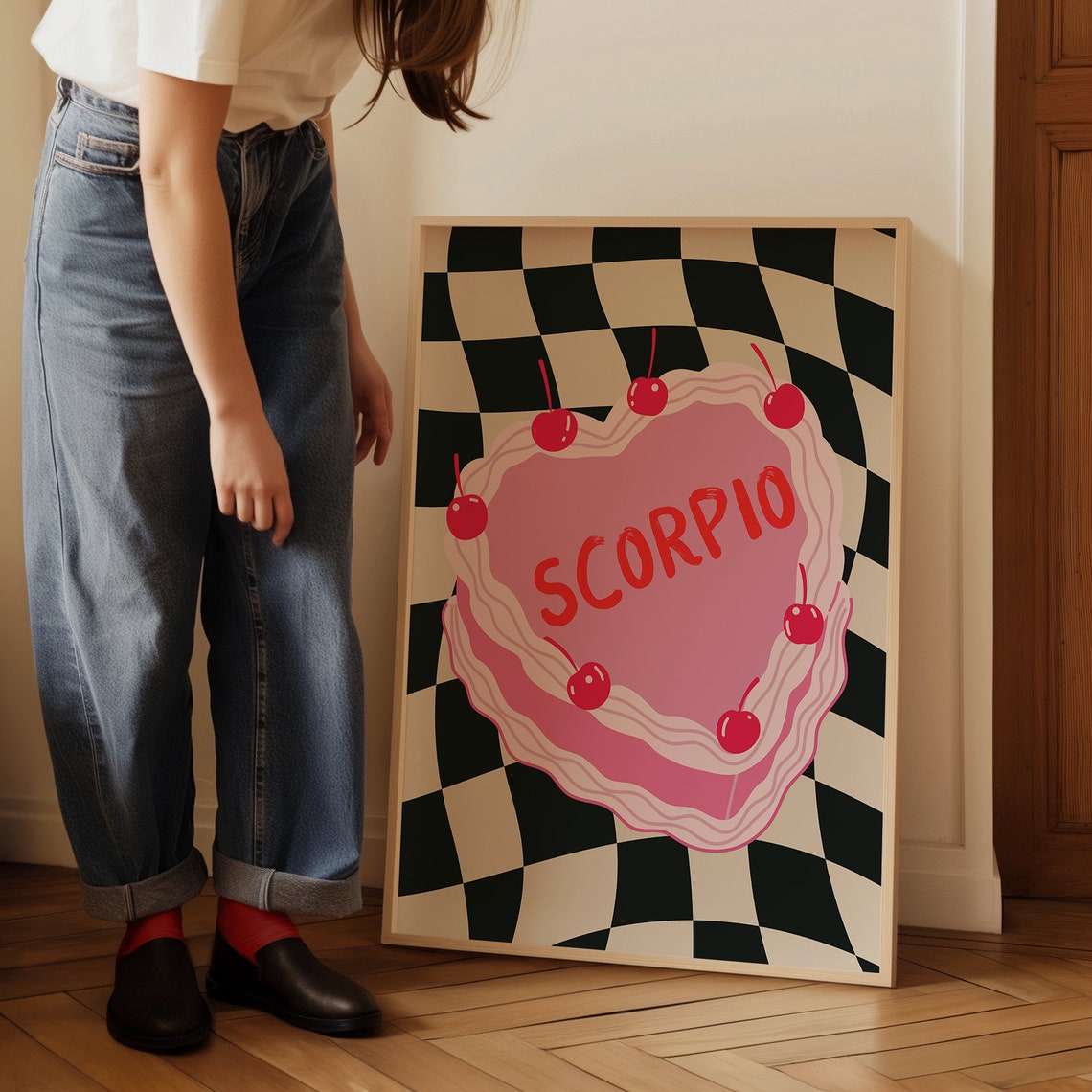 Scorpio Zodiac Sign Pink Heart Cake with Cherries Checkerboard Poster - Image 3