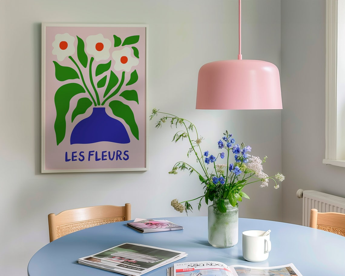 Les Fleurs Bold Modern Floral Bouquet in Blue Vase Pink Print - Image 3