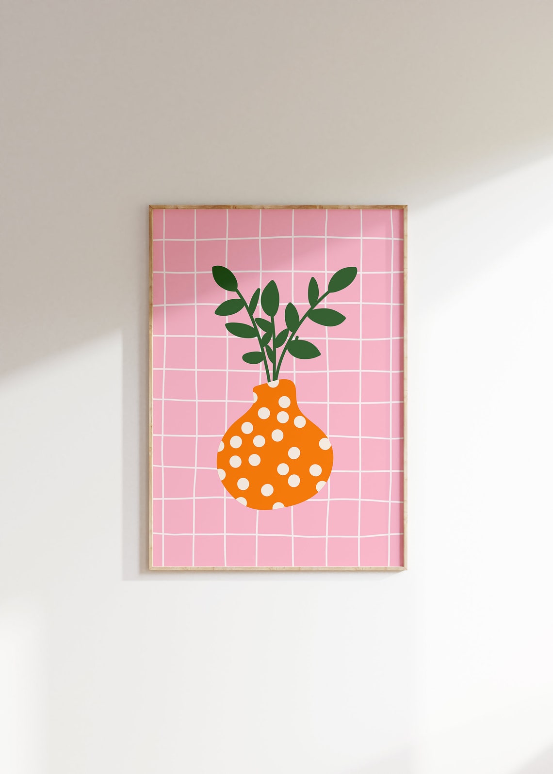 Orange Polka Dot Flower Vase Green Stems Pink Grid Art Print