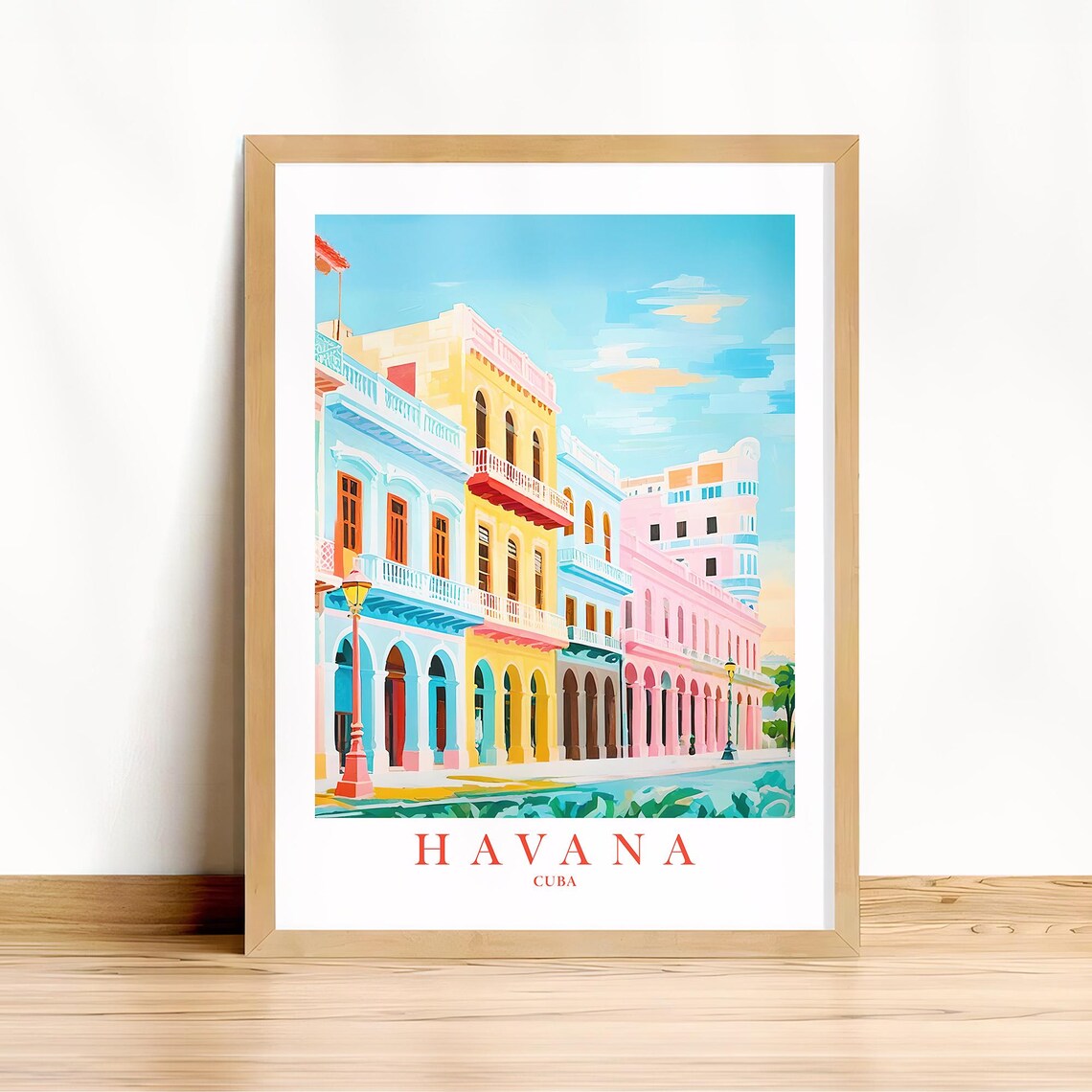 Havana Cuba Travel Poster With Colorful Colonial Street Buildings