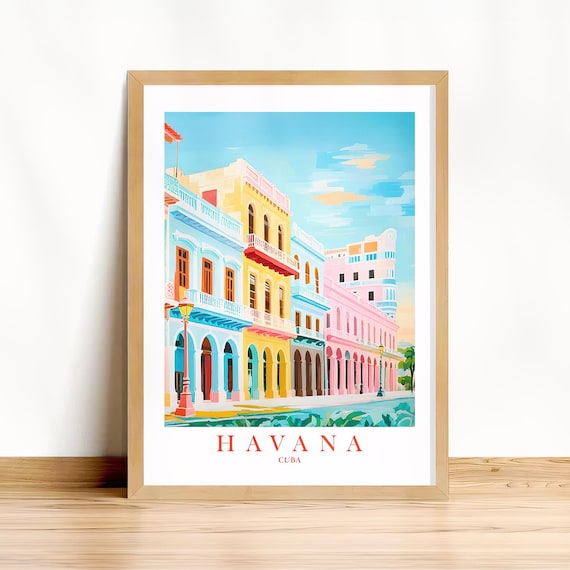 Havana Cuba Travel Poster With Colorful Colonial Street Buildings