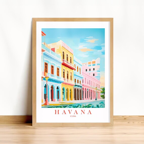 Havana Travel Poster Street Wall Art Print State Retro Pink Orange Teal Vacation Landscape Painting