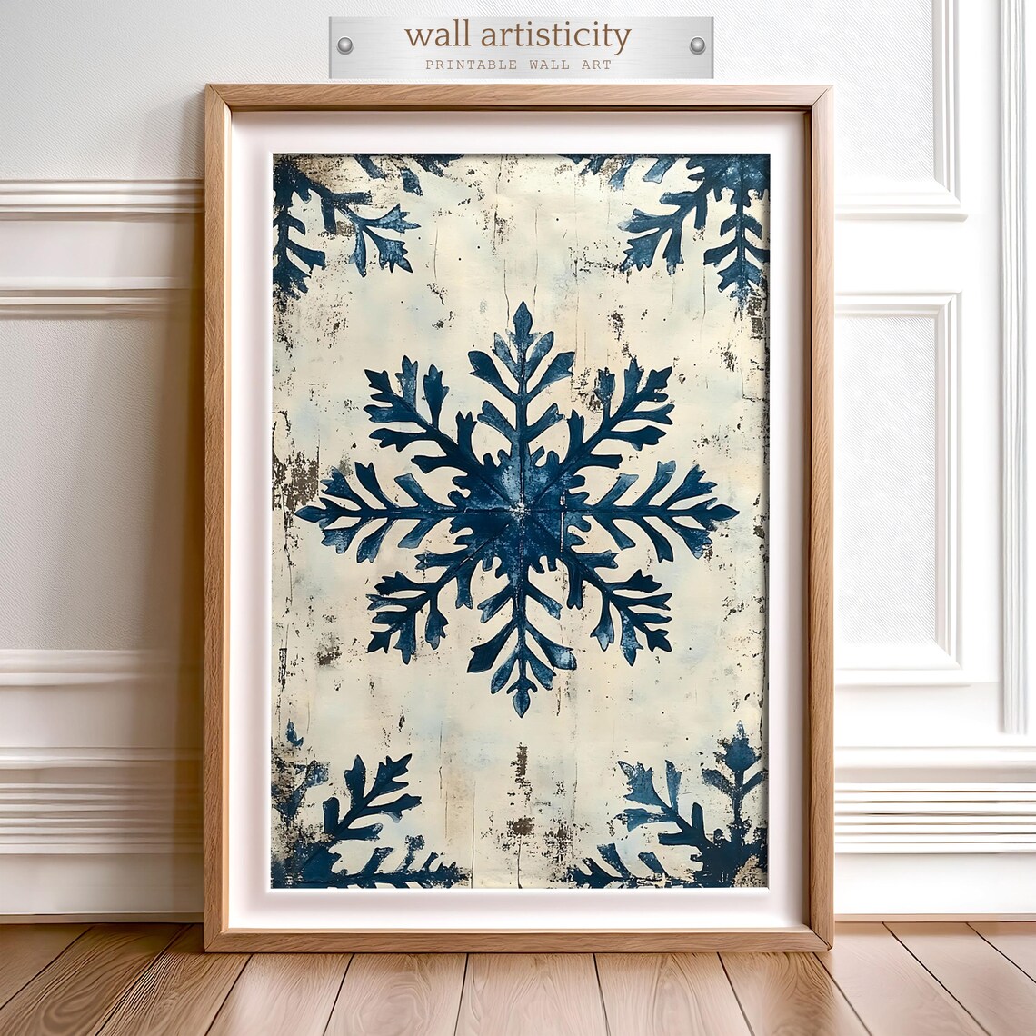 Rustic Blue Snowflake Art Print, Winter Decor