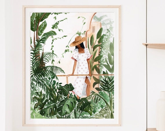 Woman And Plants Botanical Art Print, Tropical Decor