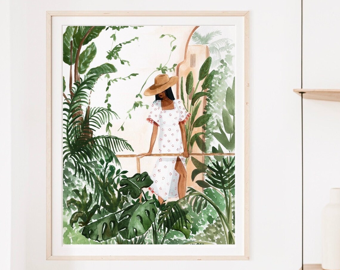 Woman And Plants Botanical Art Print, Tropical Decor
