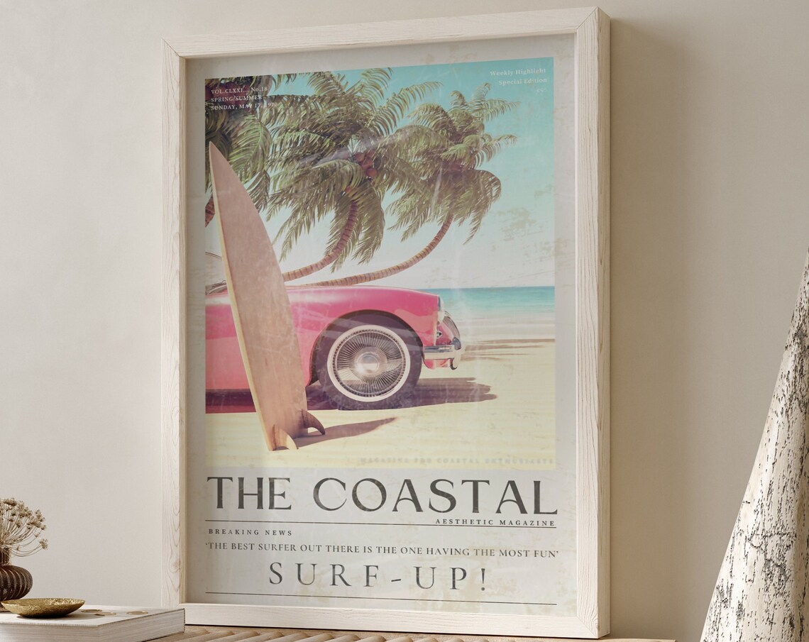 The Coastal Pink Vintage Car Surfboard Palm Beach Magazine Poster