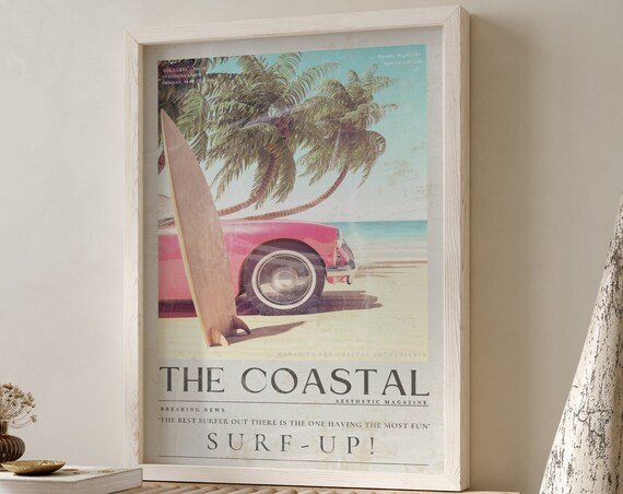 The Coastal Pink Vintage Car Surfboard Palm Beach Magazine Poster