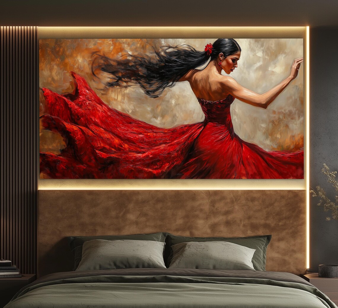 Flamenco Dancer Flowing Red Dress Twirling Motion Oil Painting Style Poster