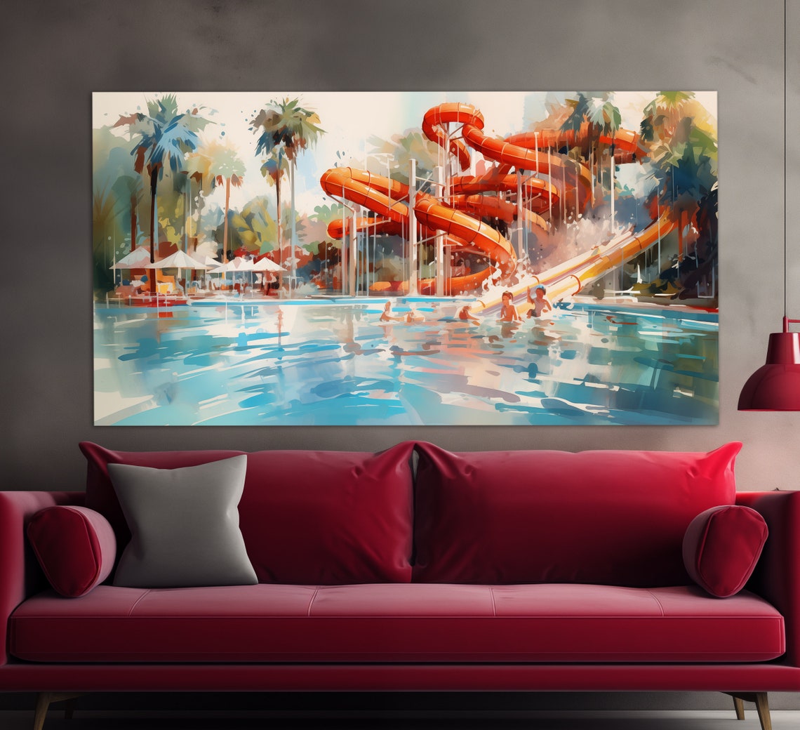 Water Park Print In An Vintage Oil Painting Style Kids In Aquapark Painting Aquapark Wall Art Children In Water Park Poster - Image 3
