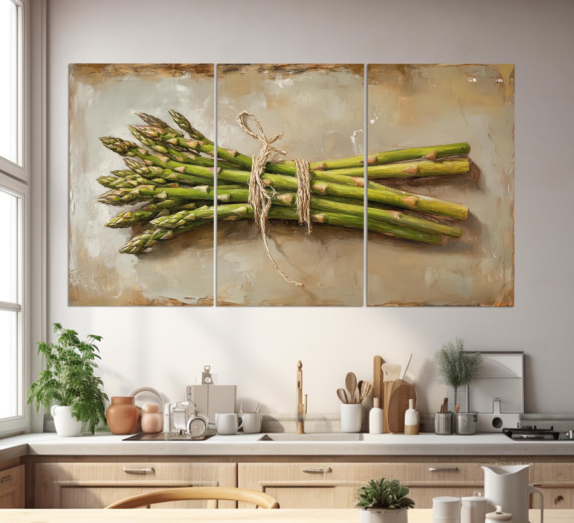 Asparagus Bunch Tied With Twine On Beige Vintage Kitchen Wall Art - Image 6