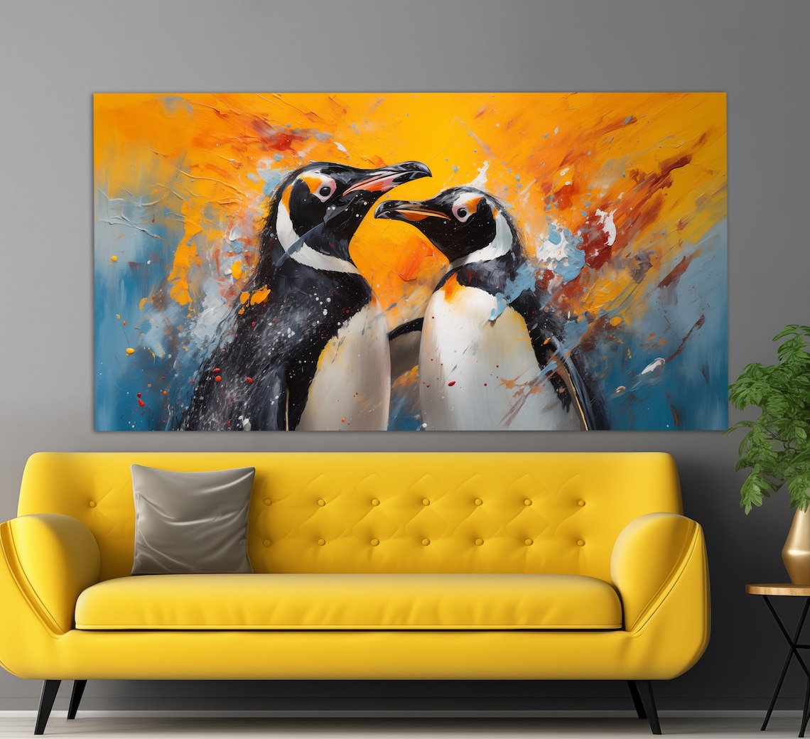 Penguins In Love, Oil-Painting-Style Art Print