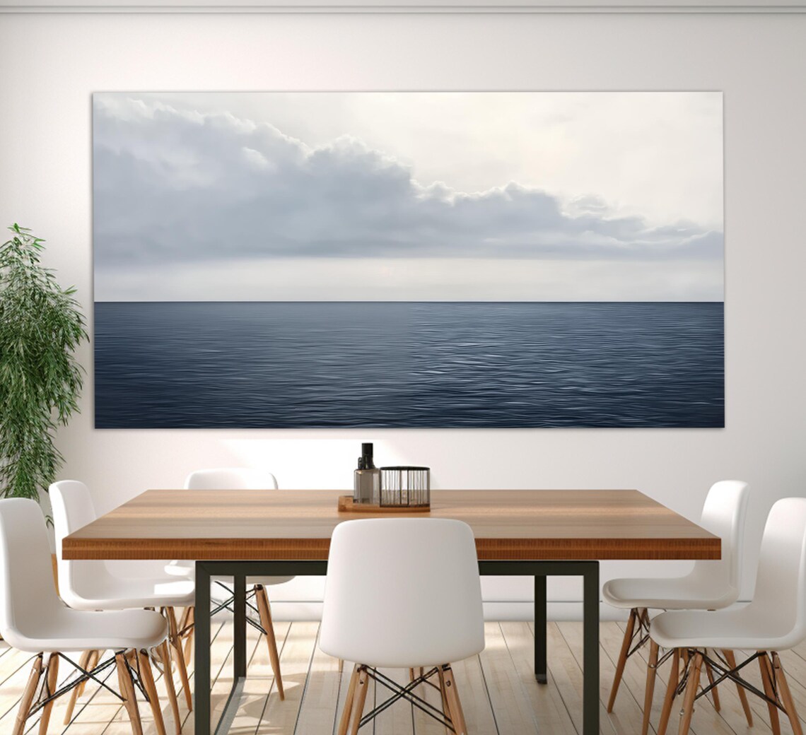 Minimalist Dark Blue Ocean Horizon Cloudy Sky Calm Seascape Poster