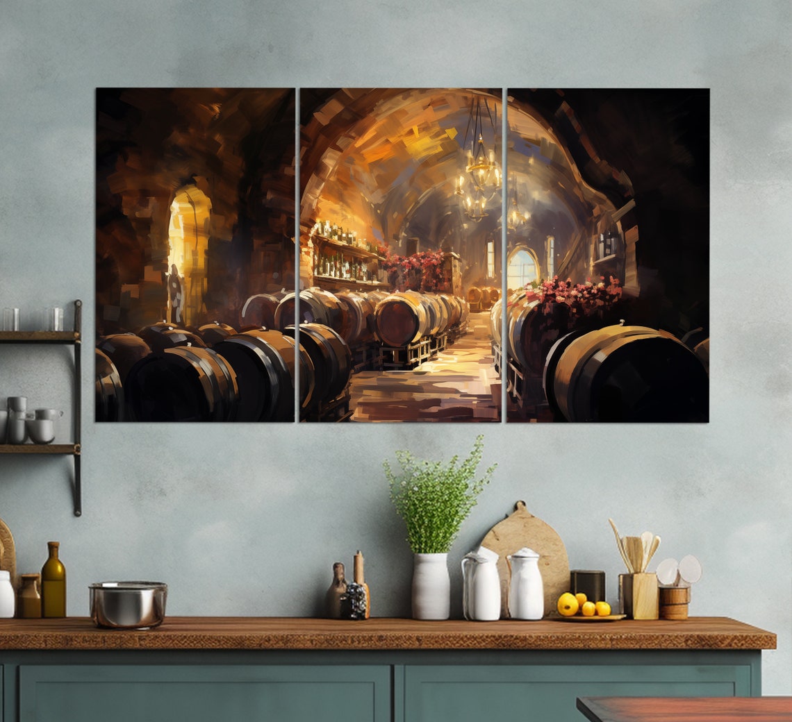 Old Wine Cellar Oak Barrels Arched Stone Vault Oil Painting Art Print - Image 3