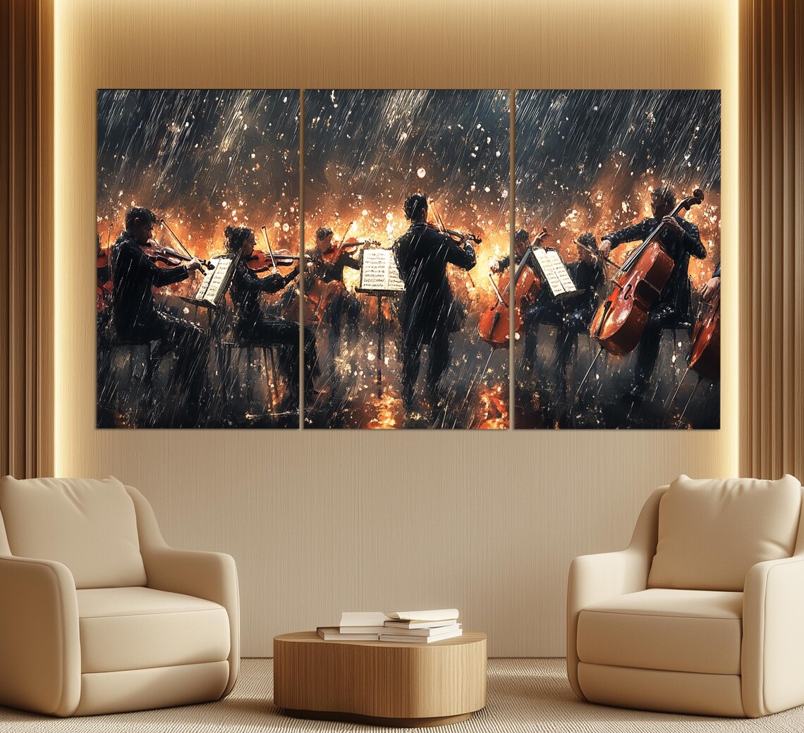 Symphony Orchestra Playing In Rainy Night Glowing Embers Classical Music Poster - Image 6