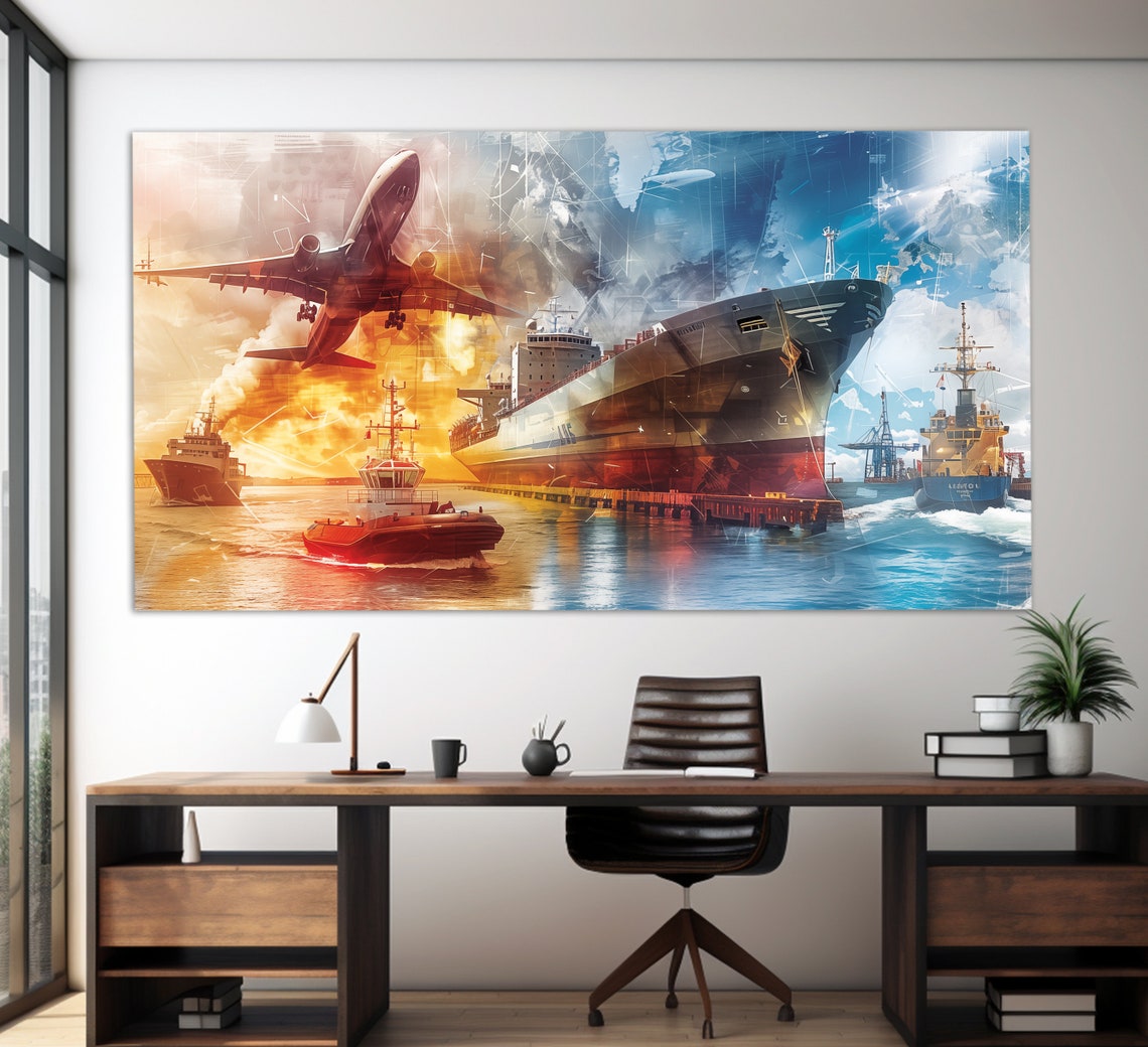 Cargo Ship Airplane Logistics Collage Shipping Trade Office Art Print - Image 2