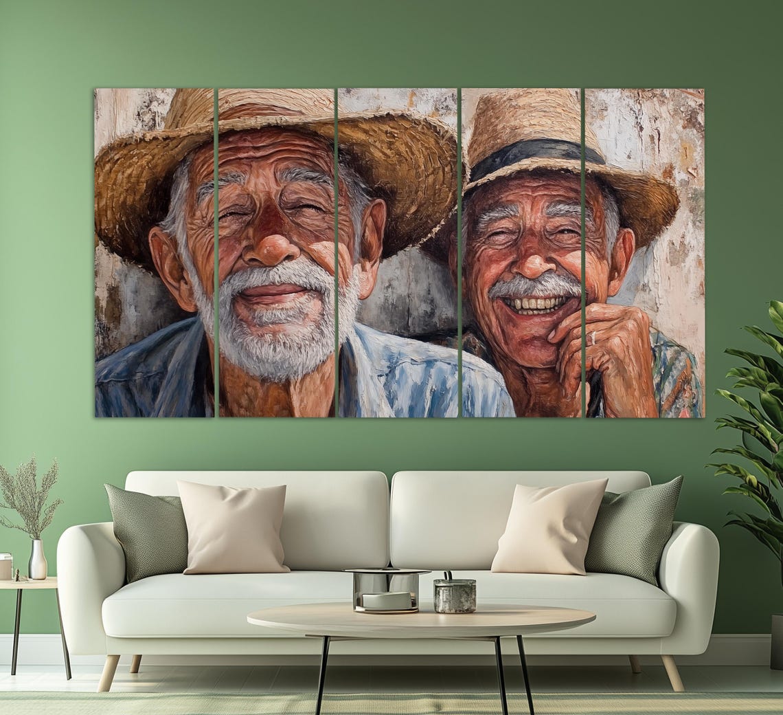 Two Smiling Old Men Straw Hats Portrait Friendship Warmth Art Poster - Image 2