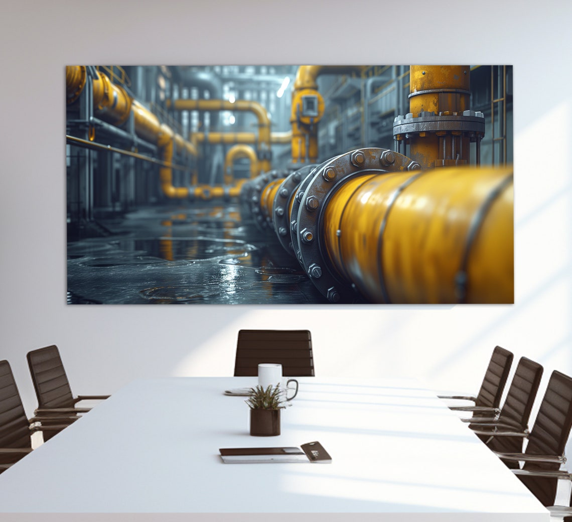 Industrial Factory Interior with Yellow Pipes Machinery Wall Art