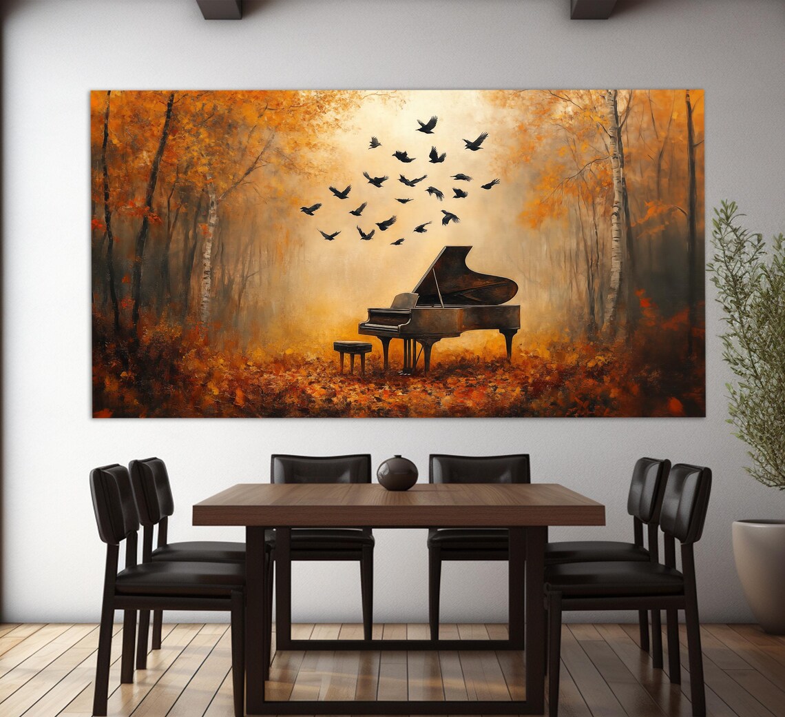 Grand Piano Autumn Forest Birds Golden Oil Painting Style Music Poster - Image 4