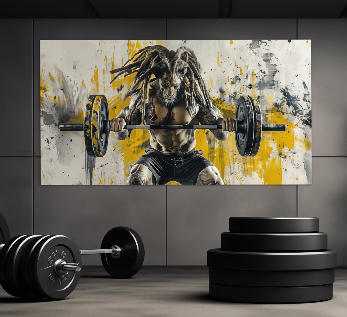 Lion Beast Barbell Squat Yellow Grunge Gym Fitness Motivation Poster