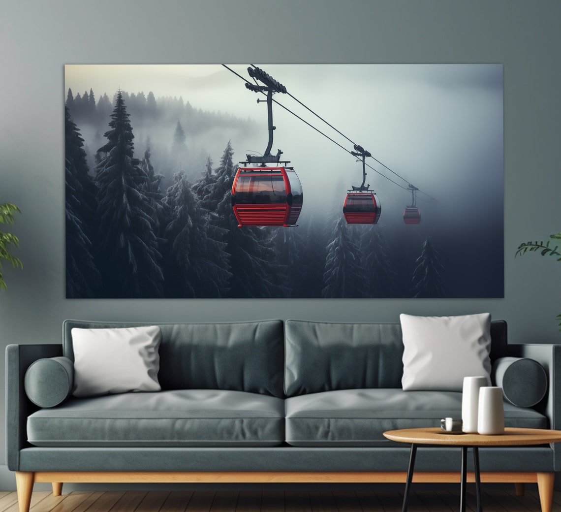 Red Cable Car Gondolas Misty Snowy Pine Forest Dusk View Poster
