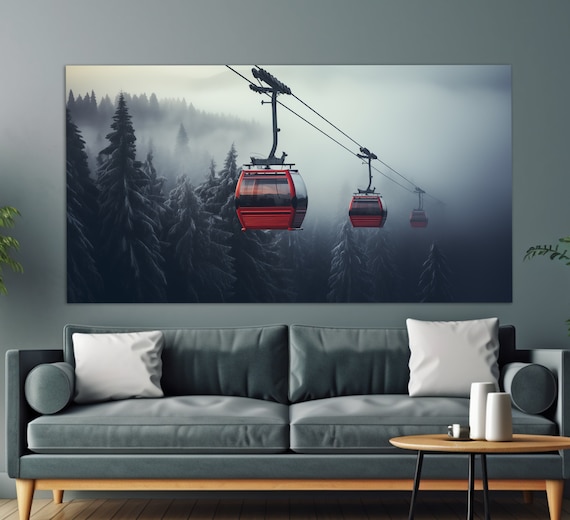 Cable Car In Misty Winter Forest Print Ski Wall Art Ski Lift Painting Ski Lift Poster Winter Wall Decor Winter Sports Art