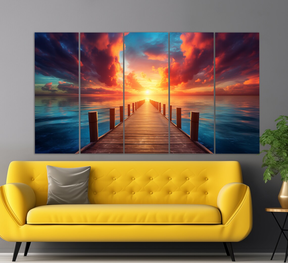 Ocean Sunset Wooden Pier Golden Waves Sea Birds Coastal Poster - Image 3