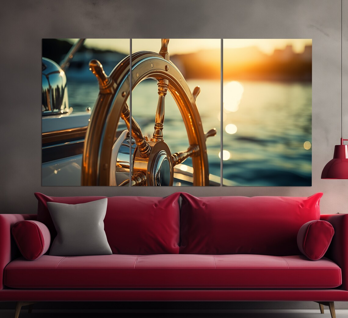 Yacht Ship Wheel Close Up Golden Sunset Sparkling Sea Poster - Image 6