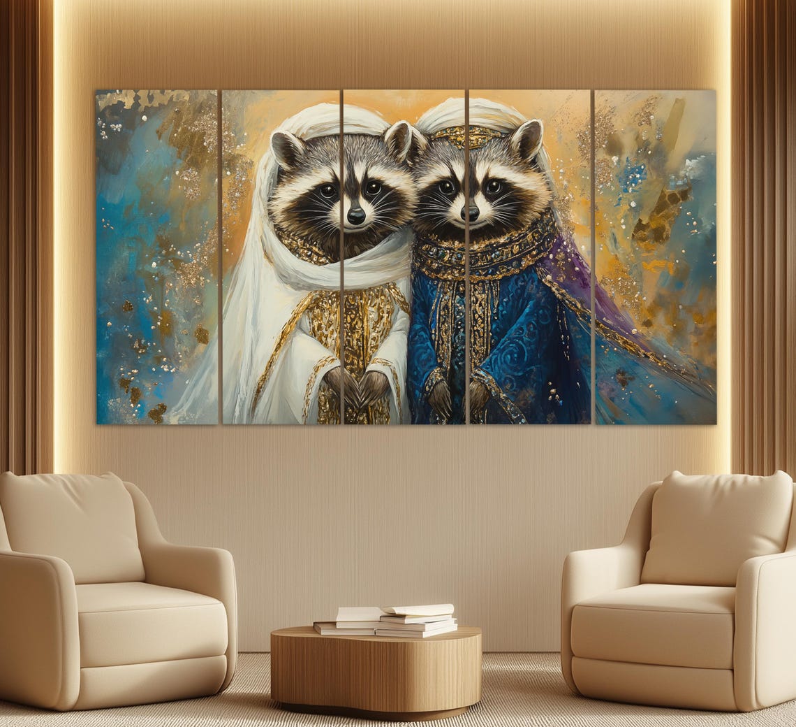 Cute Raccoons In Oriental Clothes Painting Print Raccoons Family Poster Romantic Wall Art Arab Bedroom Decor Raccoons Wall Art - Image 2