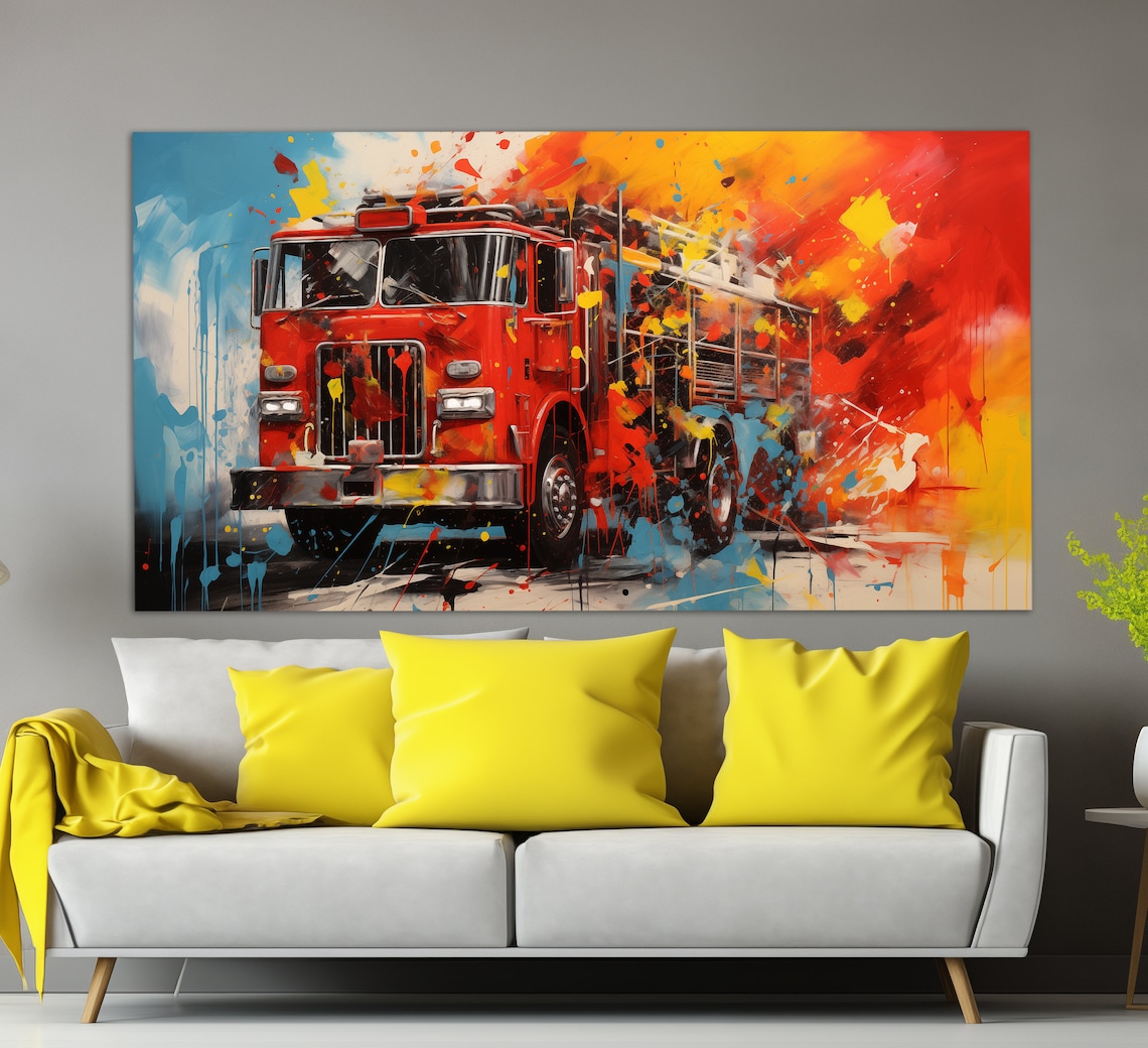 Red Fire Truck Paint Splash Abstract Firefighter Tribute Art Poster