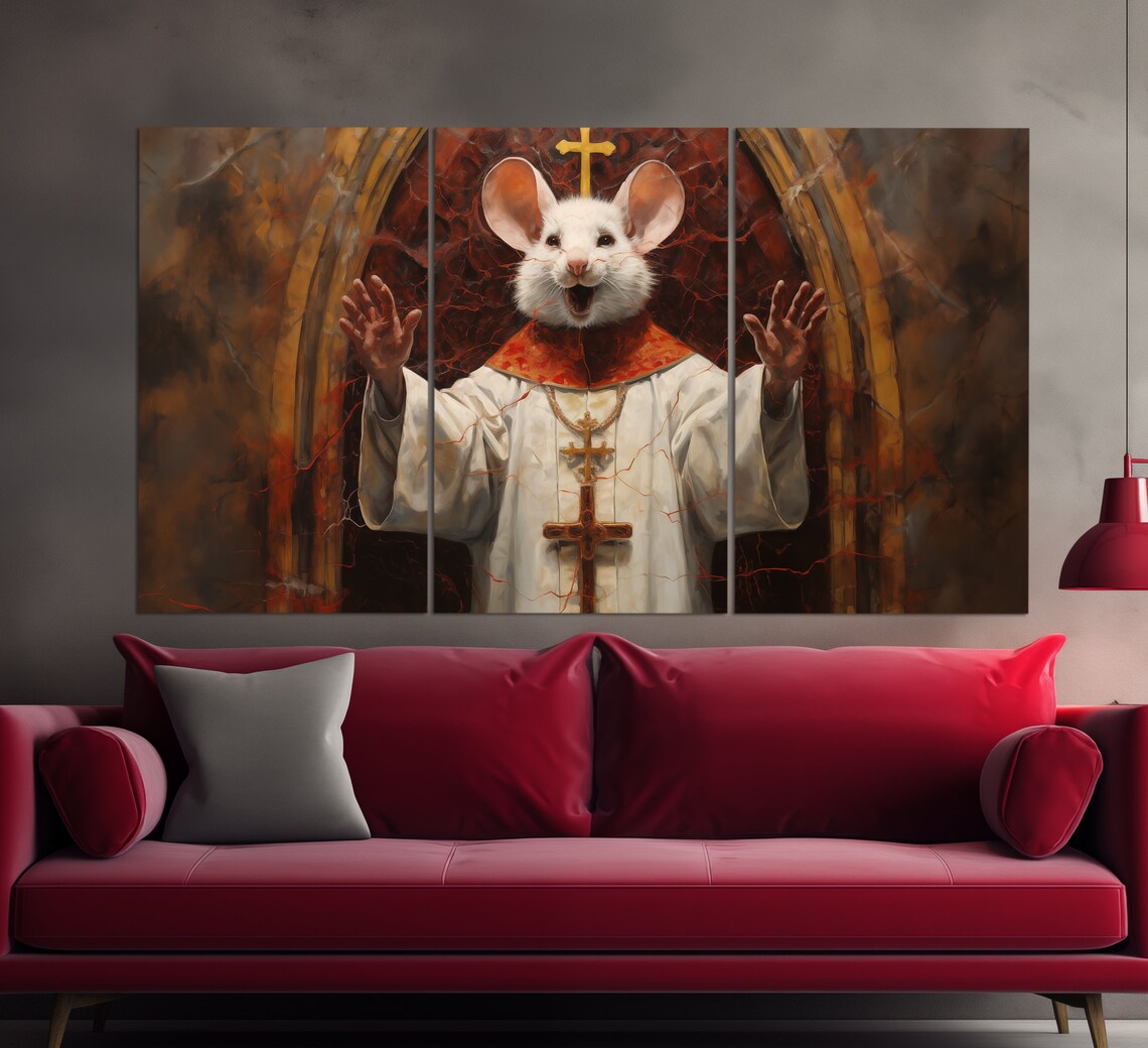 Mouse Priest White Mouse Pope Robe Funny Animal Church Oil Painting Art Print - Image 3