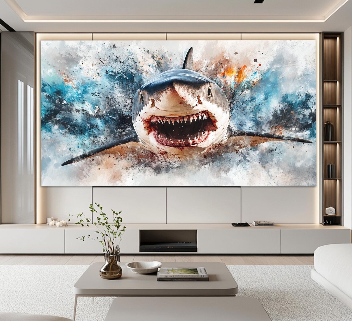 Great White Shark Jaws Ocean Splash Wildlife Art Deep Blue Predator Power Poster