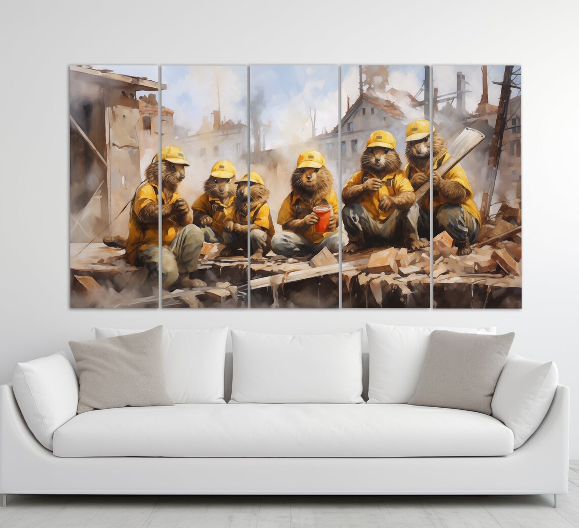Funny Construction Wall Art Beavers In Helmets Print Abstract Beavers Builders Painting Industrial Wall Decor Funny Builder Gift - Image 2