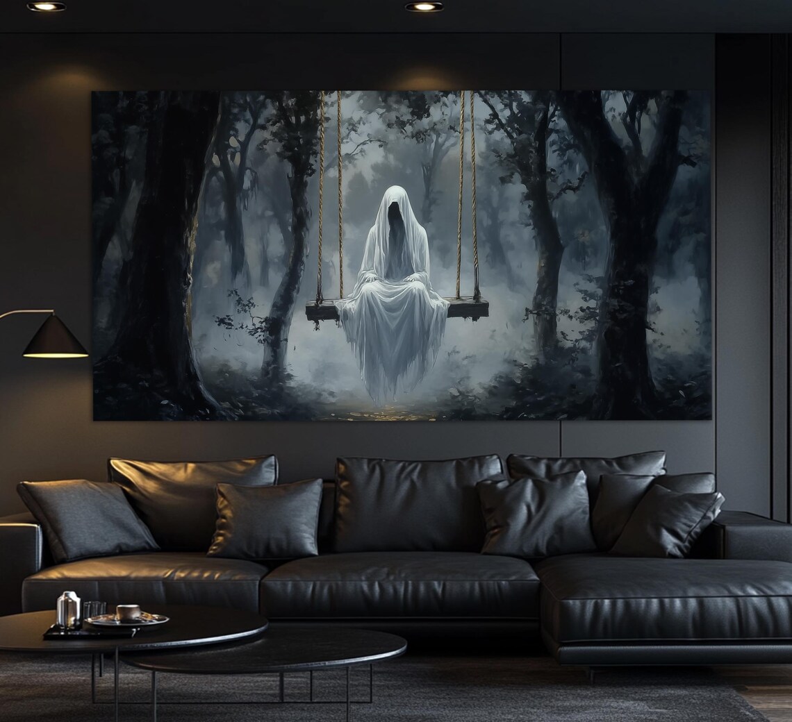 White Ghost Sitting On Swing In Misty Dark Forest Gothic Melancholy Poster - Image 4